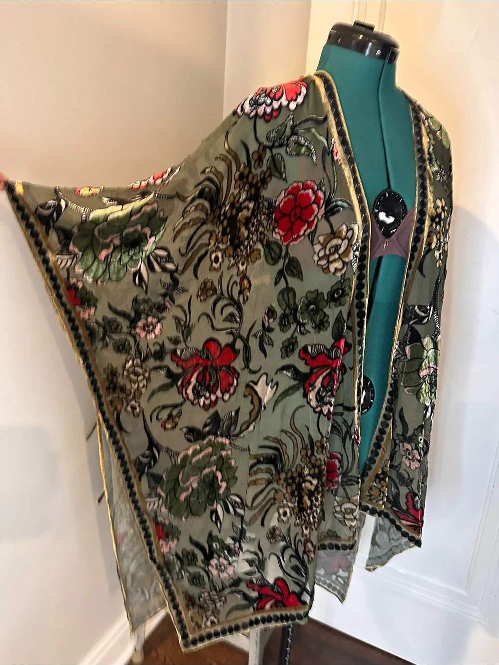 Olive Floral Embroidered Sheer Kimono with Red & Green Accents one size - Picture 4 of 11